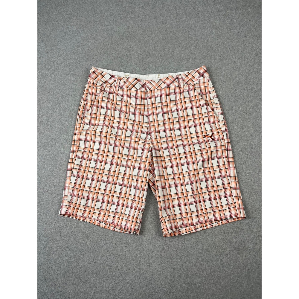 Puma Golof Tech Shorts Mens 34 Orange Plaid Relaxed Fit Chino 10" Inseam